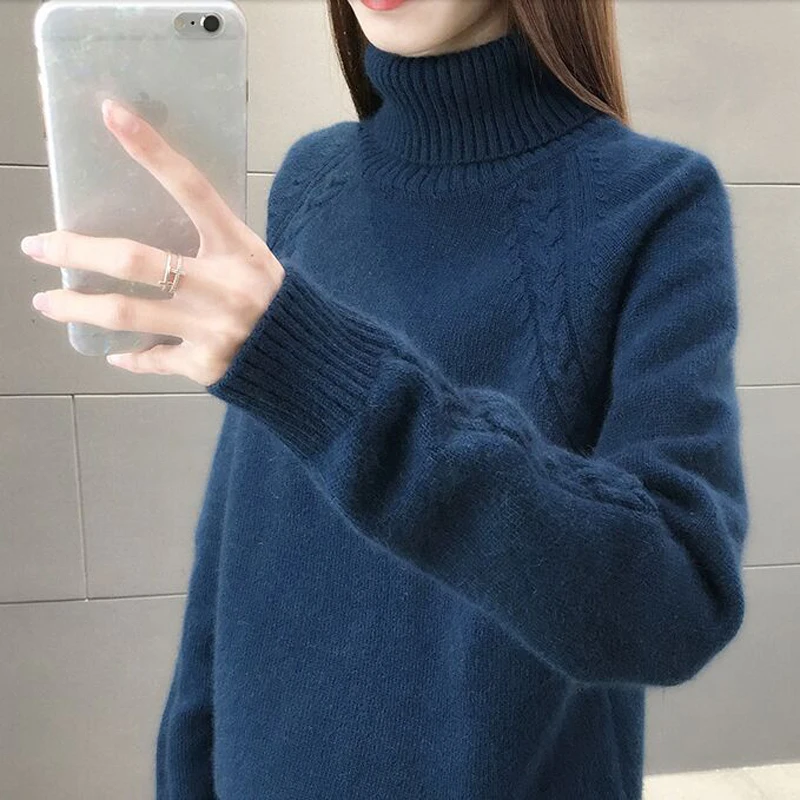 Korean Lazy Wind Women Sweaters And Pullovers 2022 Autumn Winter Loose Long Sleeve Knitted Turtleneck Sweater Female Blue NS5032