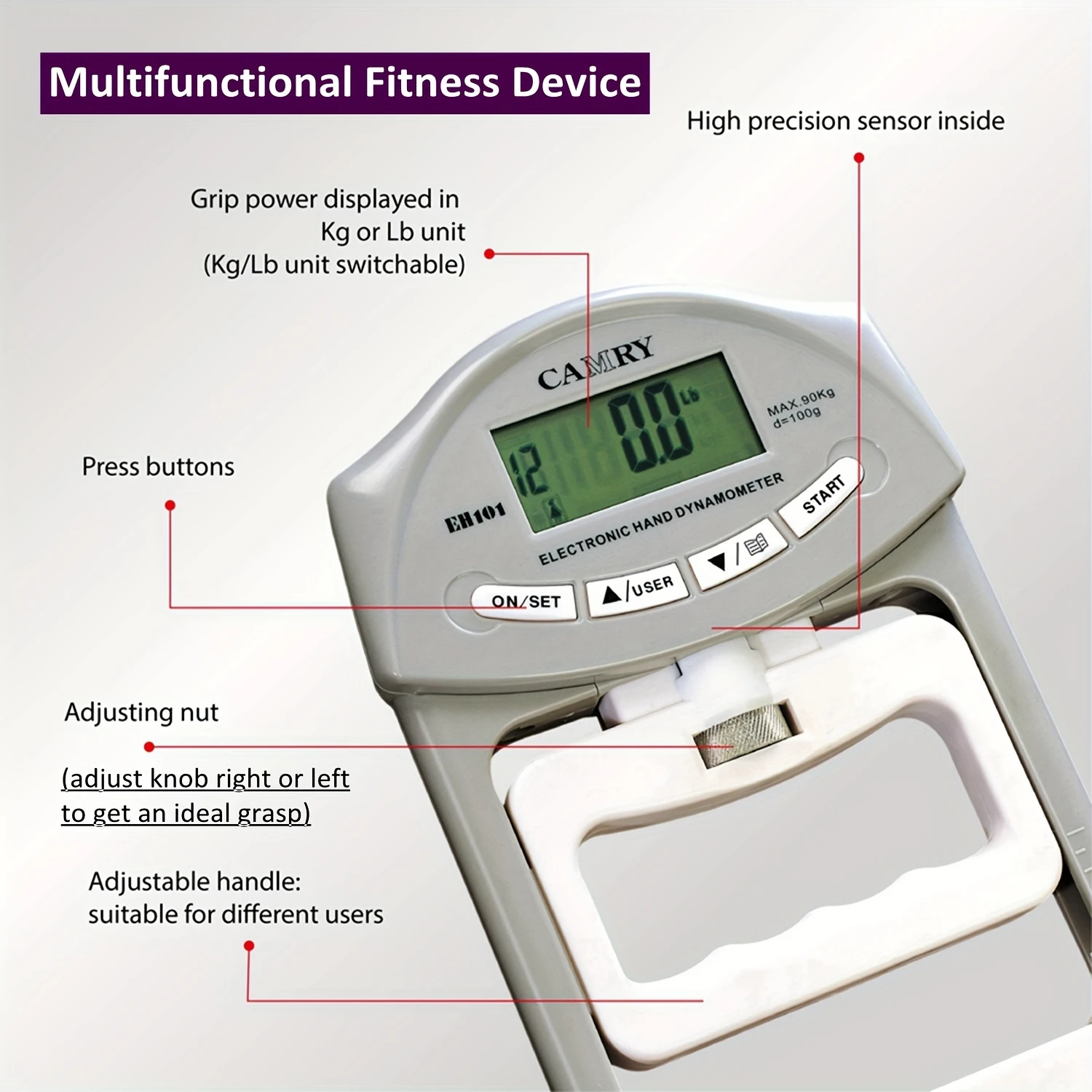 

Digital Electronic Hand Dynamometer High-Precision 198 LBS / 90kg Grip Strength Tester with LCD Display & Adjustable Handle
