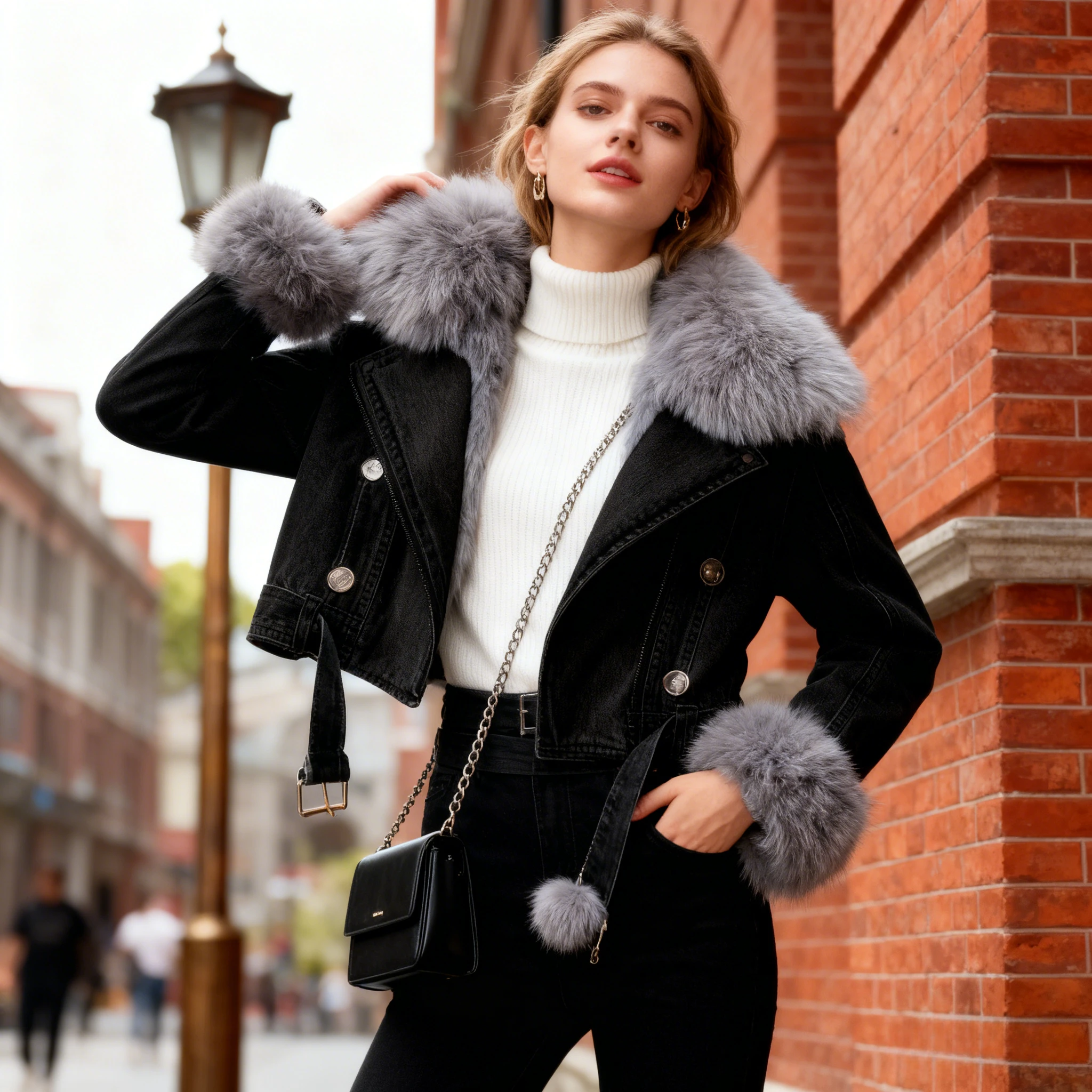 여성용 펑크 재킷 데님 숏 두꺼운 가을 겨울 Y2K 탑 캐주얼 고딕 바이커 인조 여우털 지퍼 두꺼운 코트 따뜻한 아우터웨어