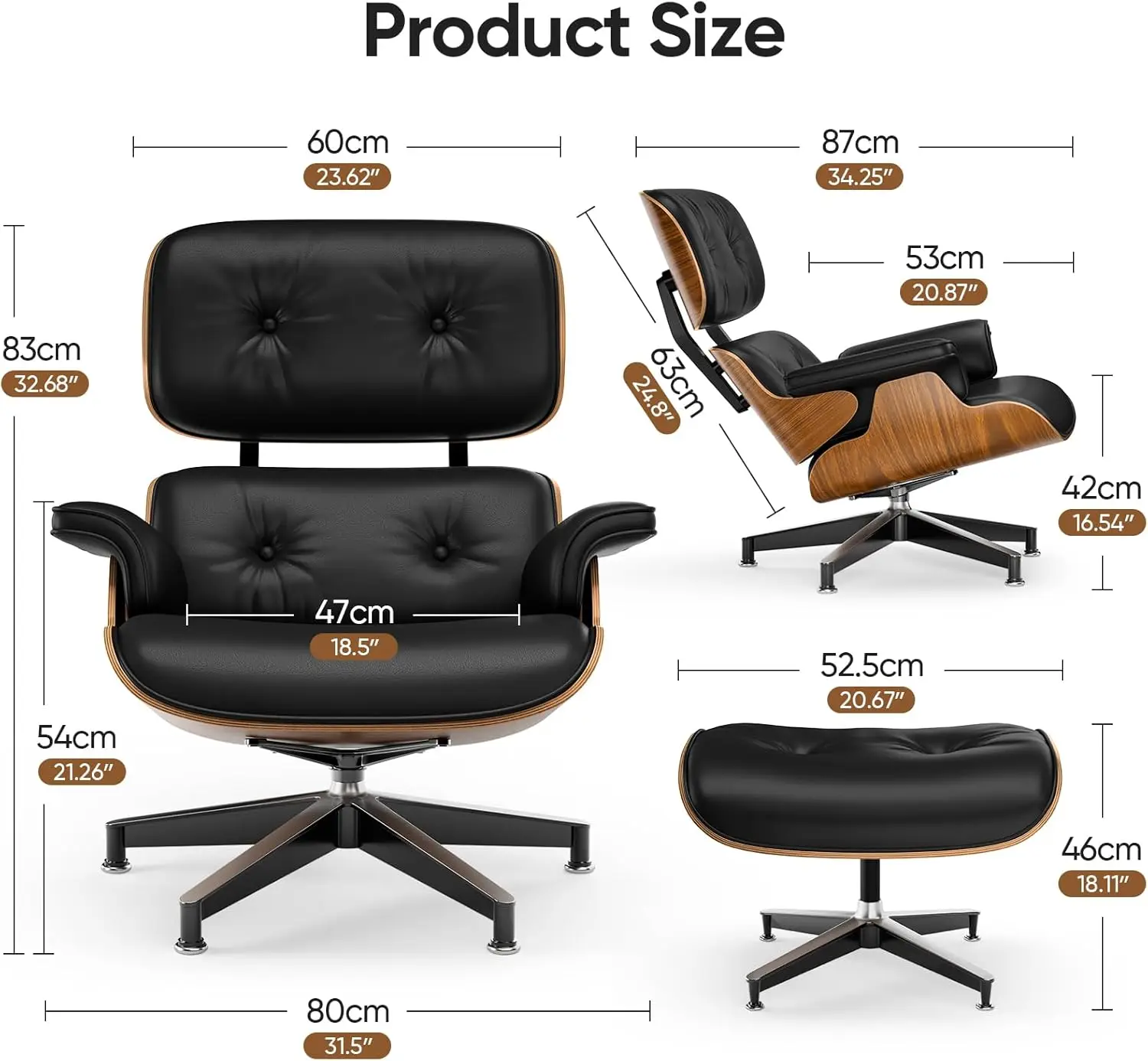 Top Black PU Leather, Mid Century Chaise Lounge Chair and Ottoman, Modern Chair Classic Design, Walnut Wood image 3