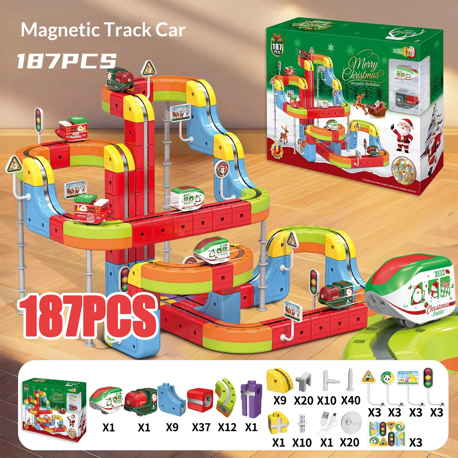 

187pcs Christmas Series Children Anti-Gravity Magnetic Track Train Flexible Changeable Magic Rail Car Electric Assembly Toy Gift