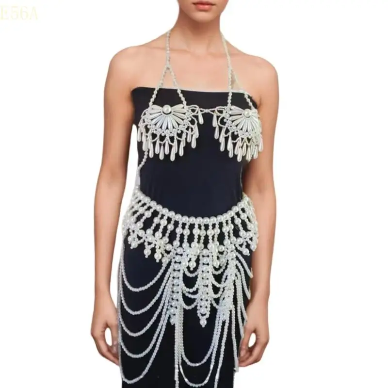 

E56A Bohemian Pearls Tassels Body Jewelry Adjustable Waist Chain Festival Accessory