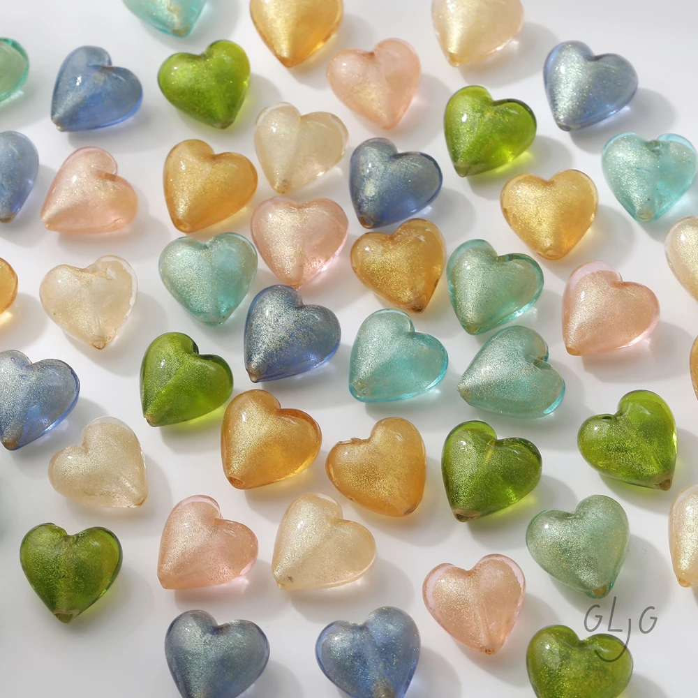 2PCS Matte Gold Sand Sequin Heart Glaze Glass Beads Necklaces Bracelets DIY Making Supplies Jewelry Material Accessories
