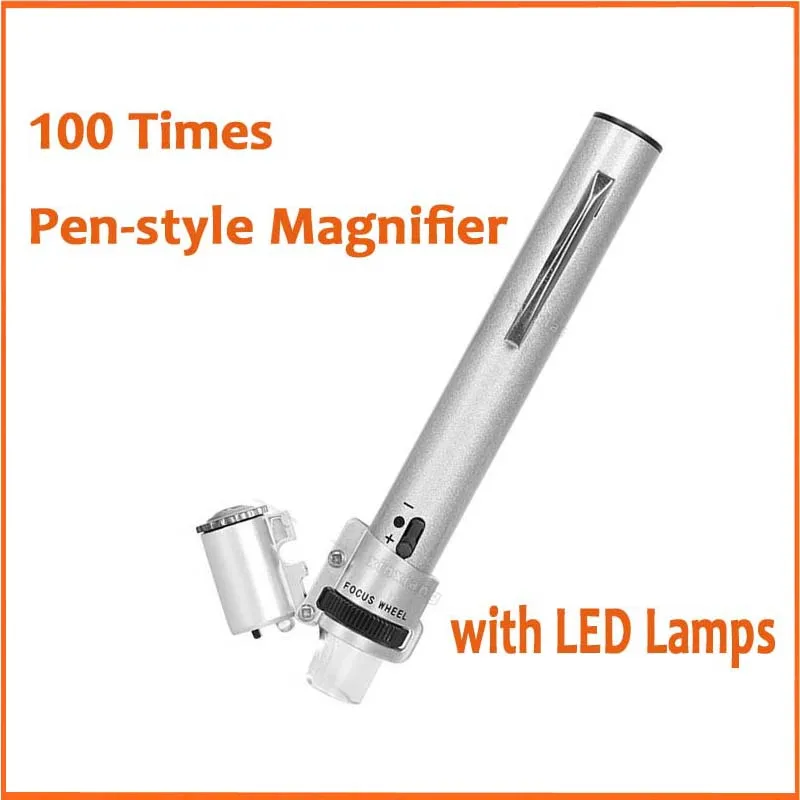 100X Metal Pen Type LED Illuminated 100 times l band banknote check lamp magnifier microscope professional portable light Loupe