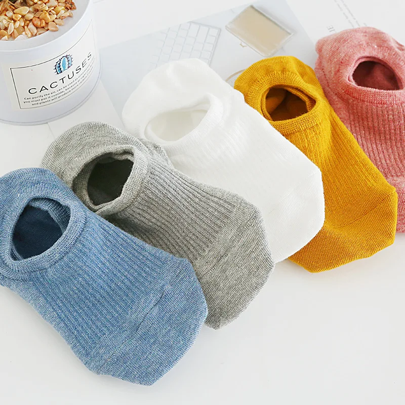 Bộ 5 Đôi Tất Nữ Cotton Lớp Silicone Chống Trượt Vô Hình Sock Dép Màu Trơn Nữ Mềm Mại Mắt Cá Chân Thuyền Tất Bộ 35-39 Kích Calcetines