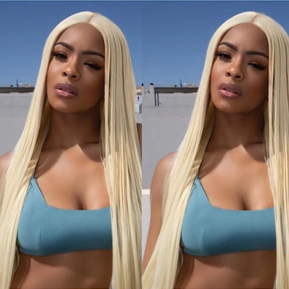 

Светло-золотистый парик с центральной проборкой, длинные прямые волосы, кружевная основа, из синтетического волокна, модный, натуральный, реалистичный.