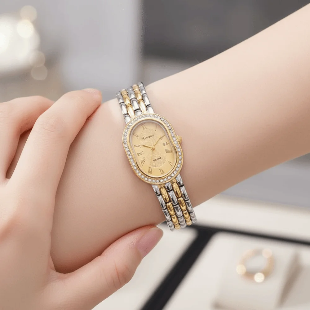 Oval Dial Women's Quartz Watch Minimalist Rhinestone Encrusted Vintage Female Clock Adjustable Quartz Movement Ladies Wristwatch