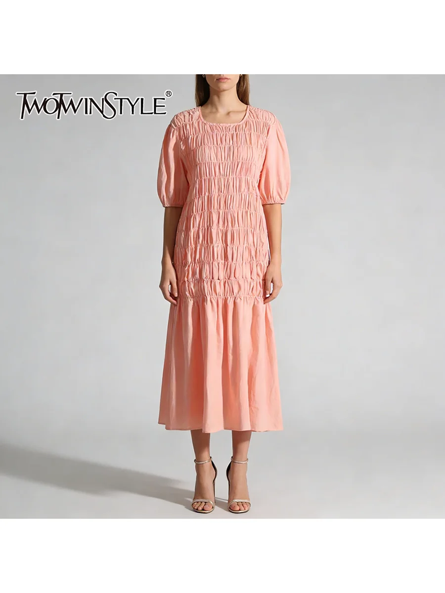 

Новое модное женское платье TWOTWINSTYLE розового цвета, свободного кроя, с драпировкой и вставками, с квадратным вырезом, рукавами до локтя, повседневное, длинное.