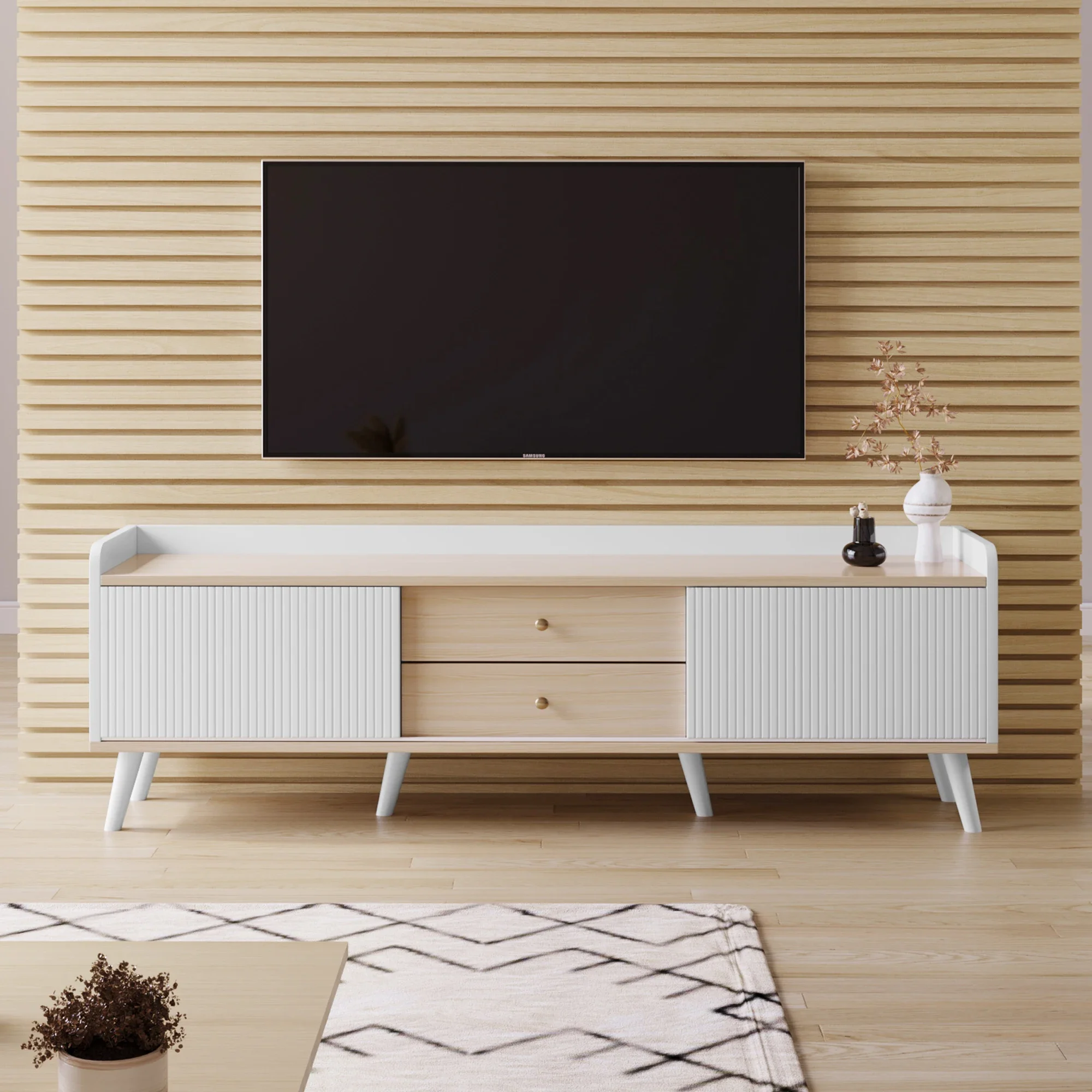 VSOGA TV Cabinet With Two Drawers, Low Board For TV, Low Board With Two Sliding Doors. White And Black. H58/L160/D40 Cm.