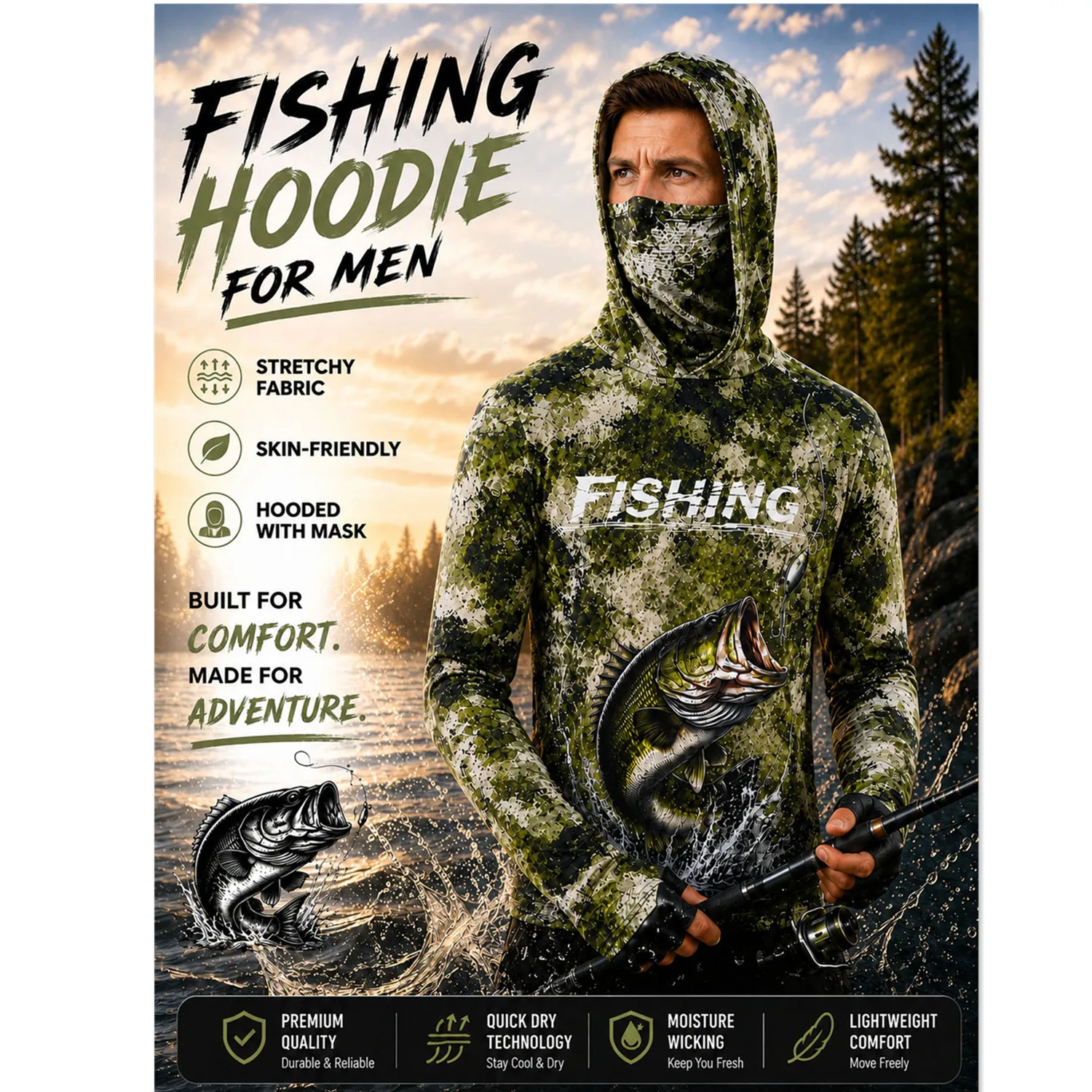 Fishing Hoodie for Men Long Sleeve Sun Protection Shirt with Face Cover Quick Dry Breathable Anti-Mosquito Outdoor Hooded Top