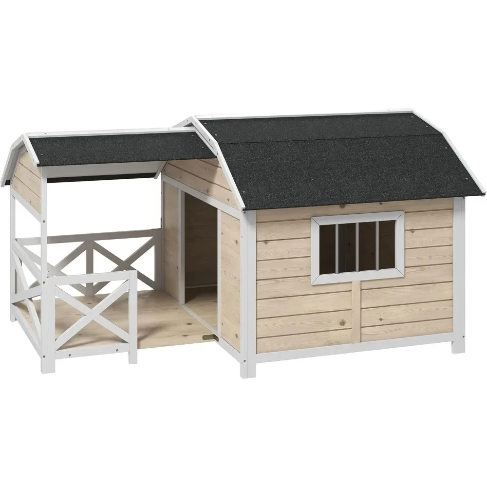 

Wooden Dog House Outdoor with Porch, Raised Pet Kennel for Medium Large Dogs, with Asphalt Roof, Front Door, Side Windows