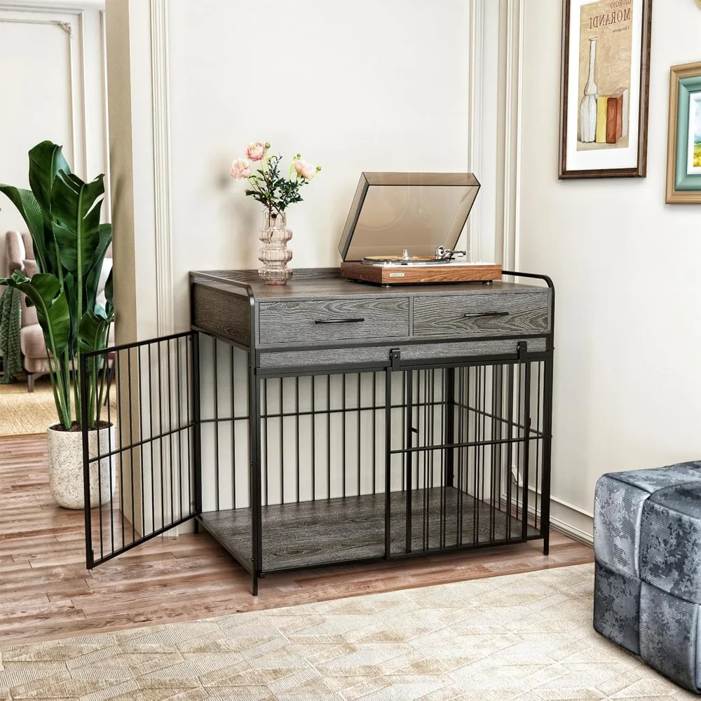 Large Dog Crate Furniture, Indoor Dog Kennel with Storage Drawers, Double Doors Crate End Table Large, Heavy Duty Dog Crate