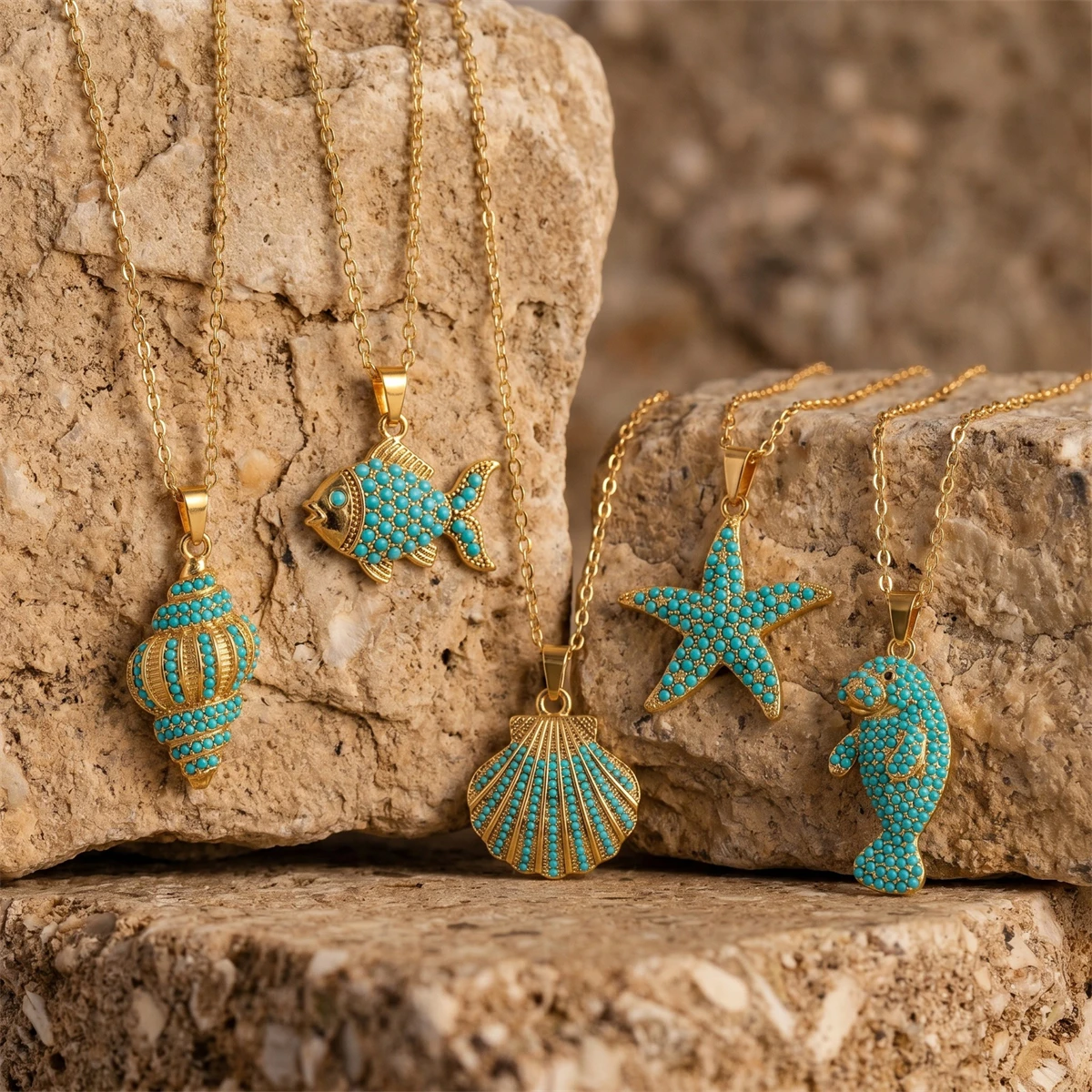 Boho Türkis Kristall Meereslebewesen Halskette Seestern Muschel Anhänger Halskette Sommer Strand Accessoires – Detail 3