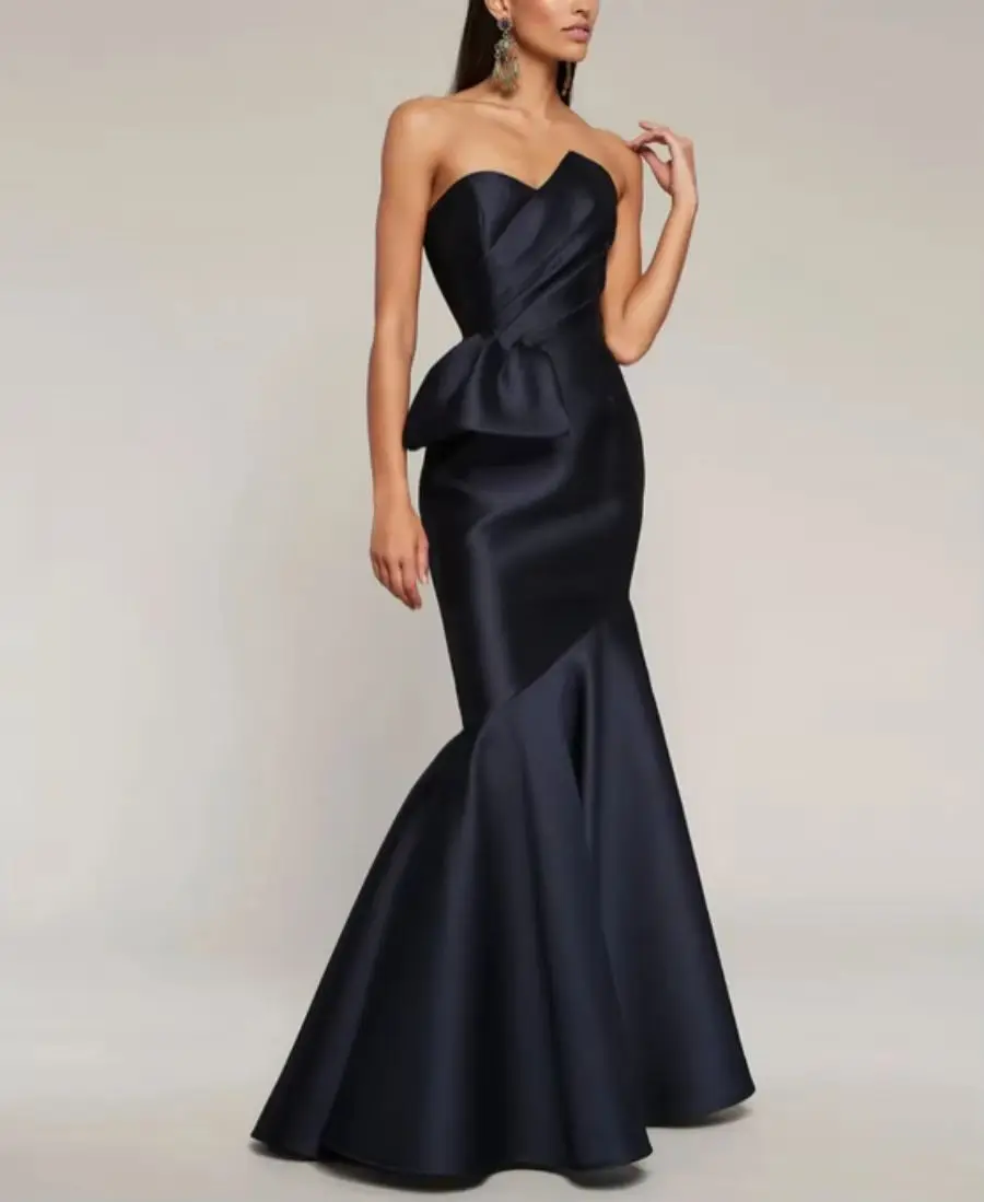 OUSIRUI Back Pleated Watteau Train Evening Dress for Women Elegant Long Black Sweetheart Prom Dresses Mermaid Satin Zipper