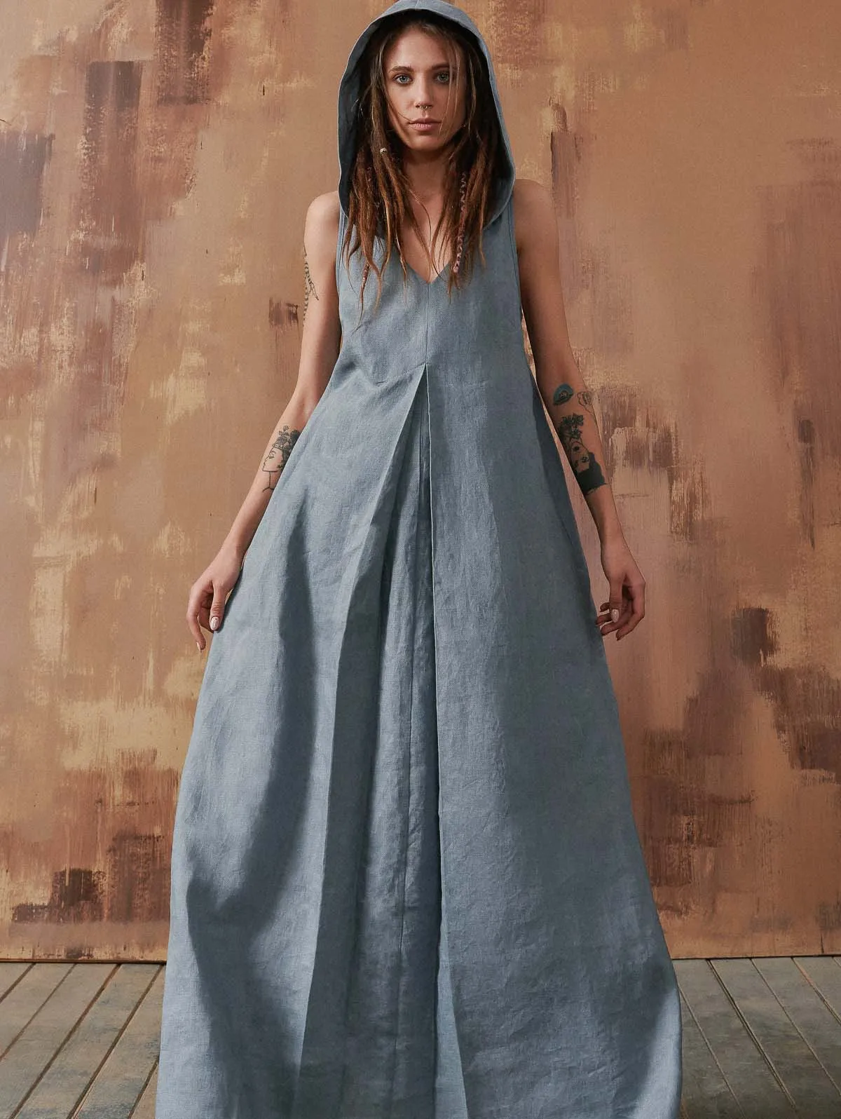 Long Dresses for Women Casual Loose Summer Sleeveless Dresses Vintage Linen Front Pleat Maxi Dress with Hooded Pleated Vestidos