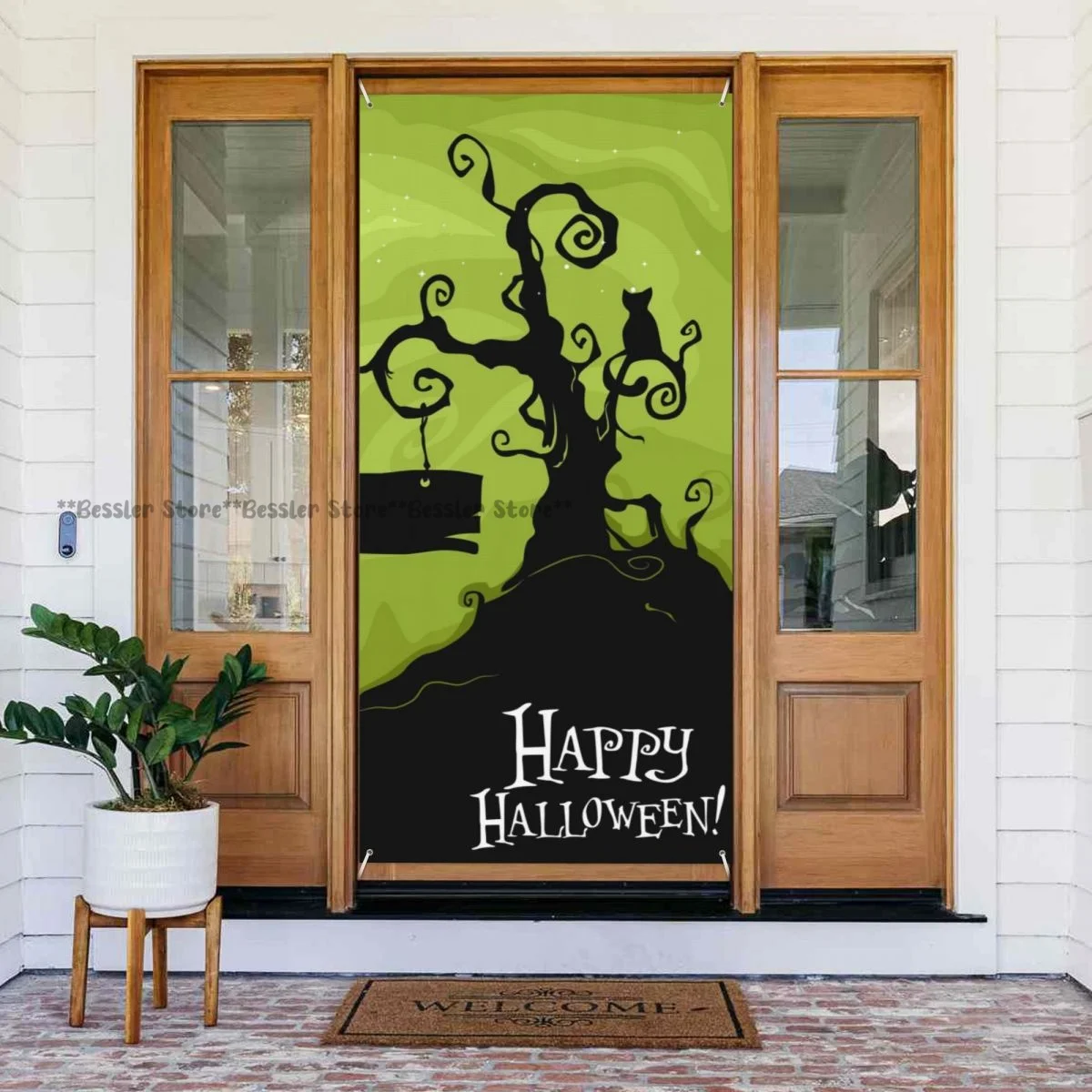 Halloween Dead Tree With Black Cat And Sign Board door cover decorations holiday party supplies