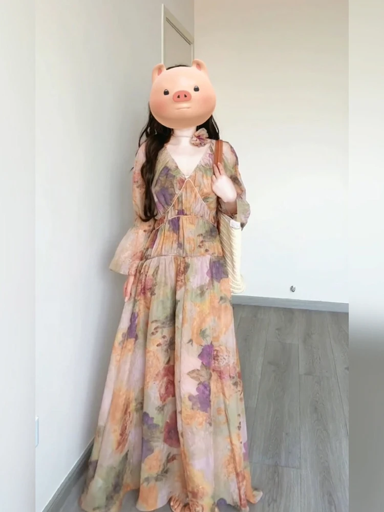 

Женское приталенное длинное платье XZY с принтом под винтажную живопись, повседневное, с V-образным вырезом, свободного кроя, из полиэфирного волокна