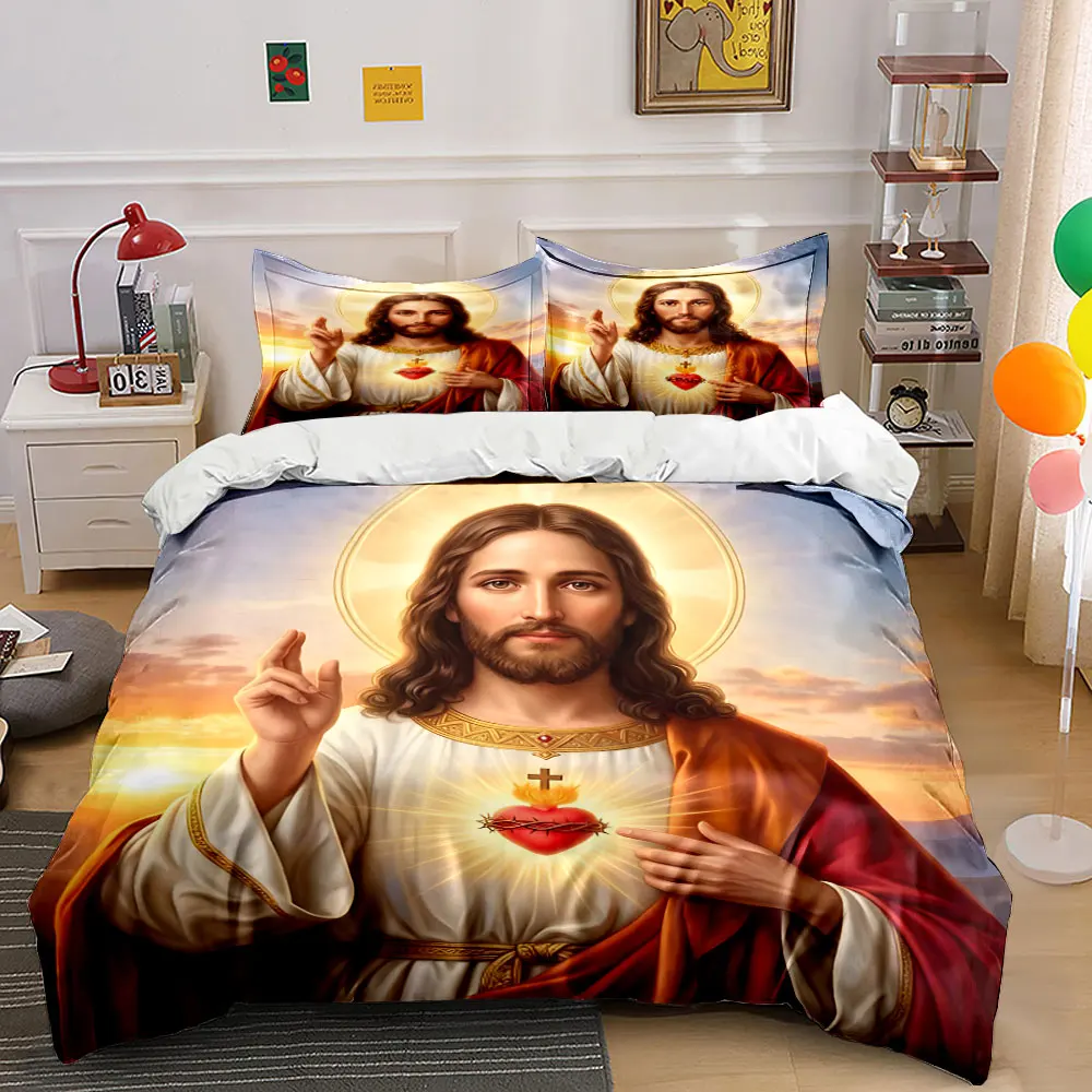 Christian-themed icon of Jesus Print Bedding Set 1 Duvet Cover 2 Pillowcases for Adult and Children Luxury Gift Full Size