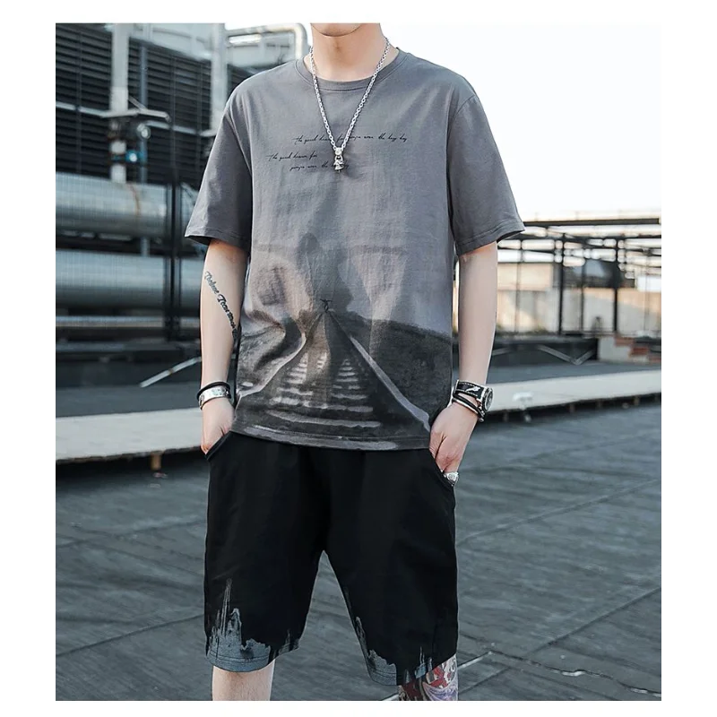 Men Thin Landscape Print Crew Neck T Shirt Elastic Shorts Fashion Casual Two Piece Tracksuit