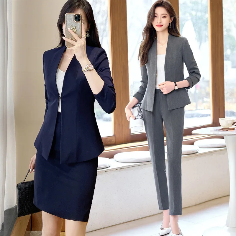 High-End Business Suit Women's Spring and Autumn Elegant Jewelry Shop Formal Dress Stand Collar Suit Dress Hotel Front Stage Wor