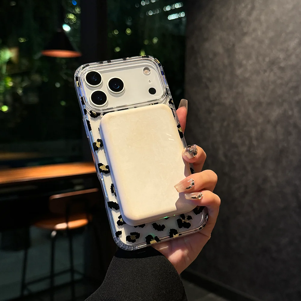 iPhone 11/12/13/14/15/16/17シリーズ対応 透明レオパード柄 マグネット式保護ケース 防水 耐衝撃 PC+TPU