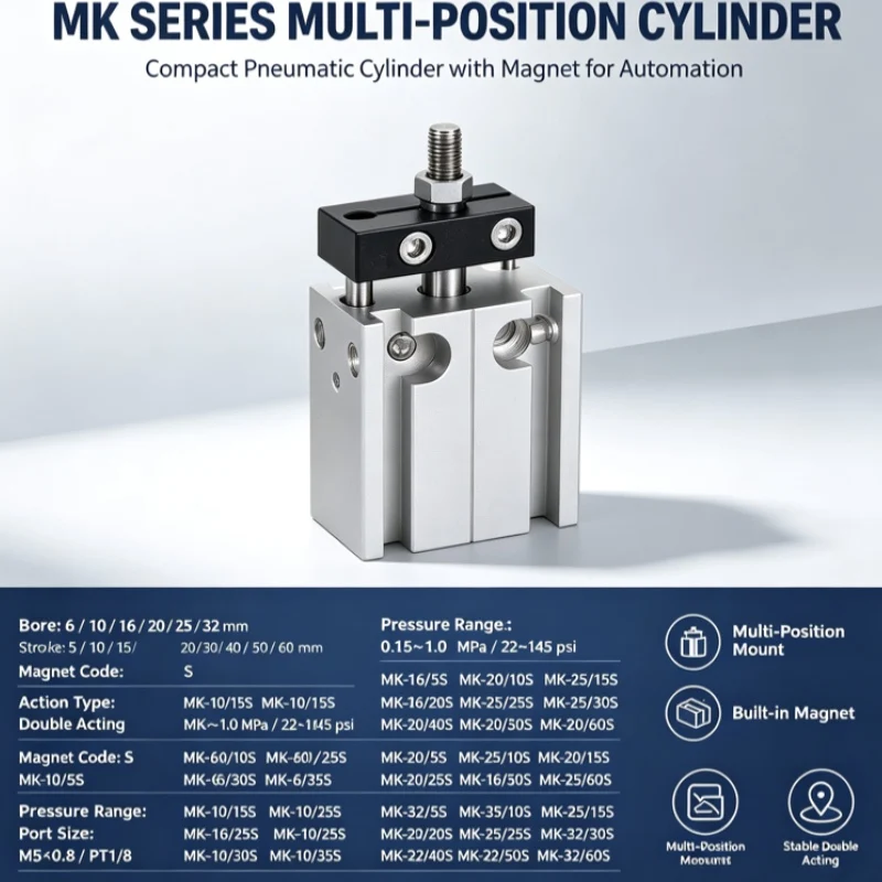 Mk Series Multi-Position Fixed Cylinder 6-32mm Bore 5-60mm Stroke Double Acting Pneumatic Cylinder S Type M5 Pt1/8