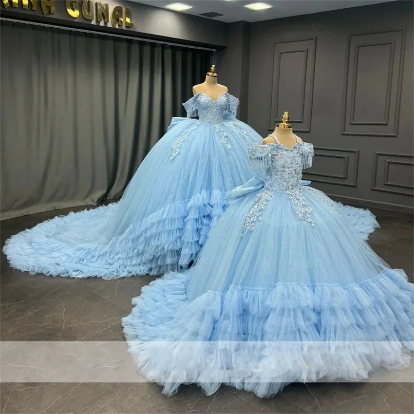 

Blue Flower Girl Dresses for Wedding Bow Beaded Lace Appliques Girl Prom Gown for Photoshoot First Communion Gowns Customized