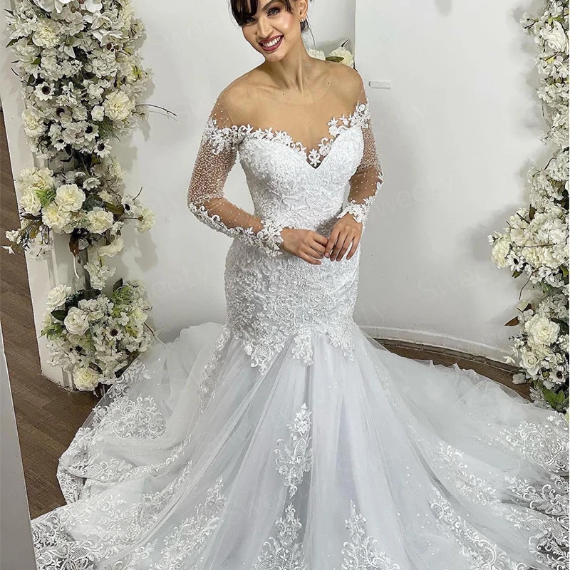 Luxurious Mermaid Wedding Dress Organza With Embroidery Lace Beading Ball Gown O-Neck Full Sleeve Bridal Dress Lace Up Appliques