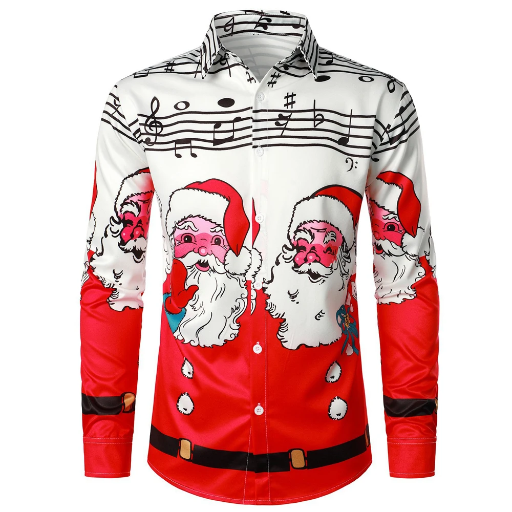 Mens Christmas Shirts Santa Claus Party Long Sleeve Button Down Shirts Outdoor Street Winter Turndown Elastic Force Shirt