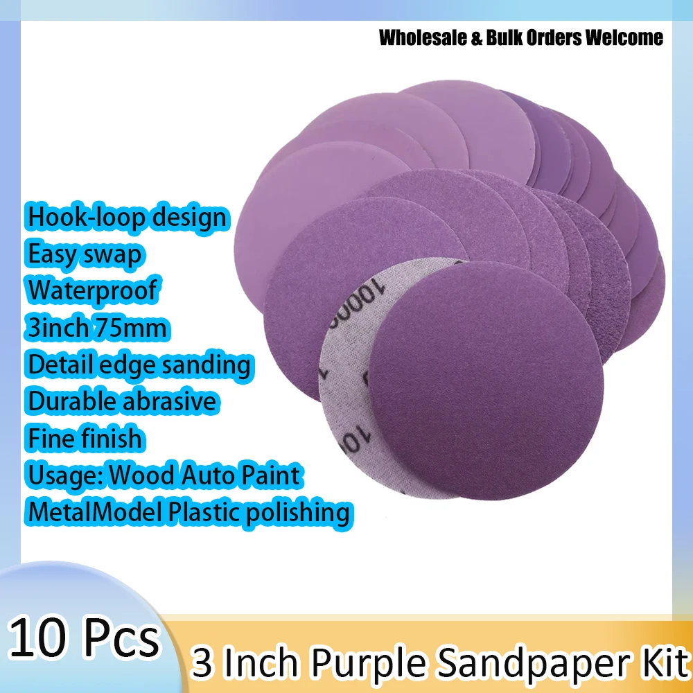 10Pcs 3Inch Waterproof Sandpaper Hook Loop Sanding Disc for Wood Furniture Automotive Polishing for Rotary Grinding Tools