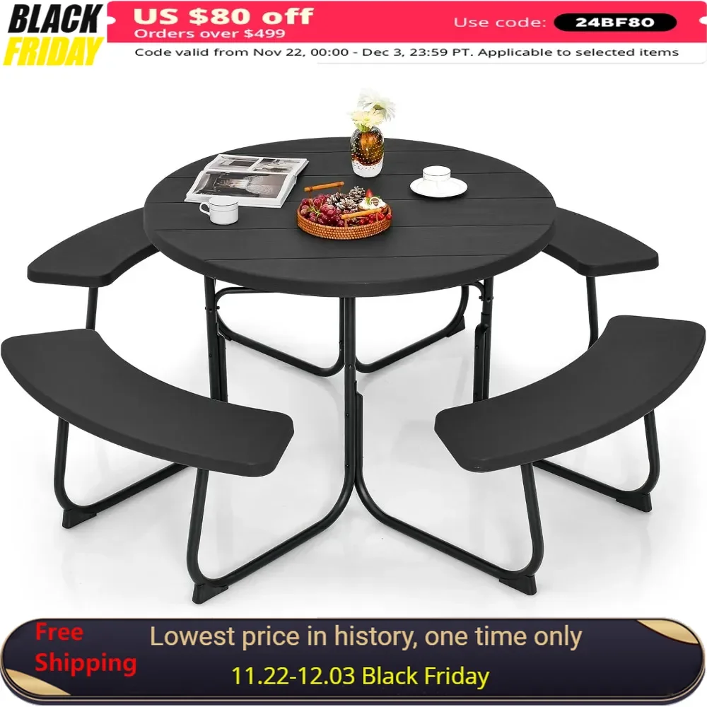 11 Inches Outdoor Table with Umbrella Hole, HDPE Top & Metal Frame, Round Table and Bench Set Up To 8 Persons, Patio Table