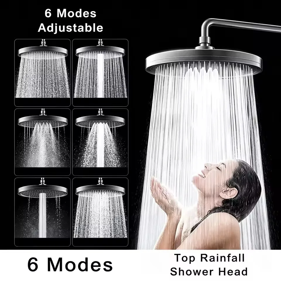 230mm Oversized Round Rain Shower Head 6 Adjustable Spray Modes High Pressure Large Water Flow Bathroom Shower Accessories