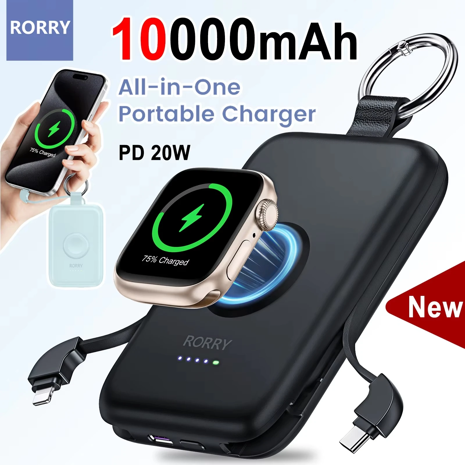 RORRY 10000mAh PD20W Portable Power Bank for iPhone16 15 14 13 Built-in Cable Magnetic Wireless portable Charger for Apple Watch