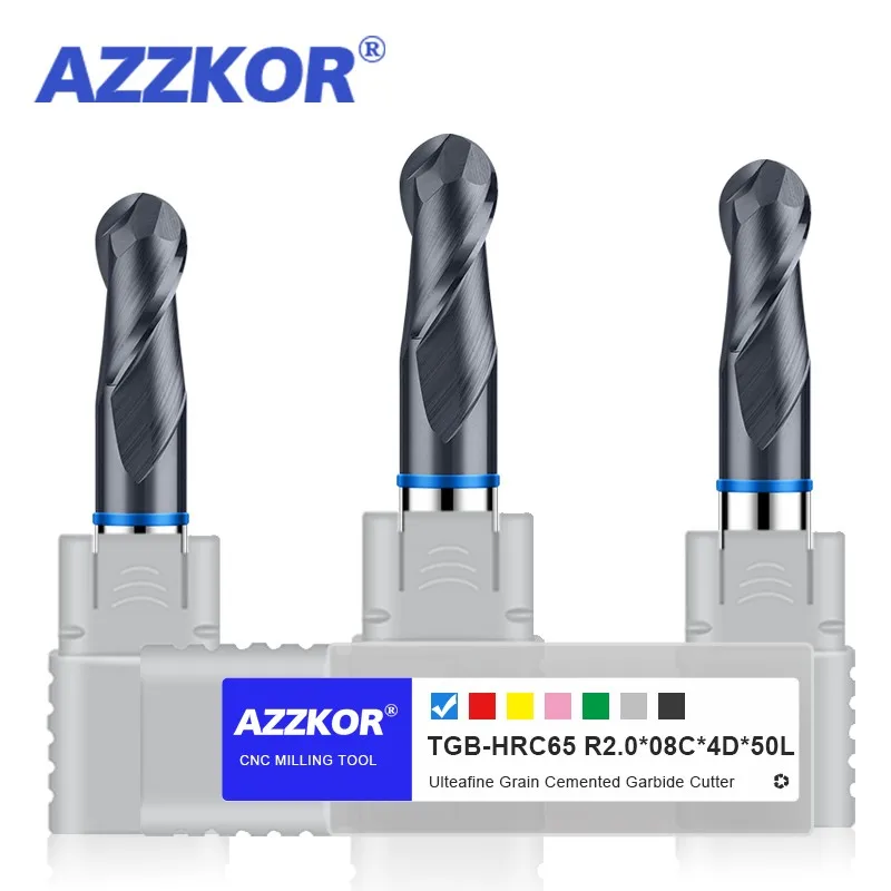 AZZKOR 2F Endmills cincin warna baja Tungsten pemotong penggilingan ujung bola karbida baja Tungsten untuk peralatan mekanik CNC TGB-HRC58