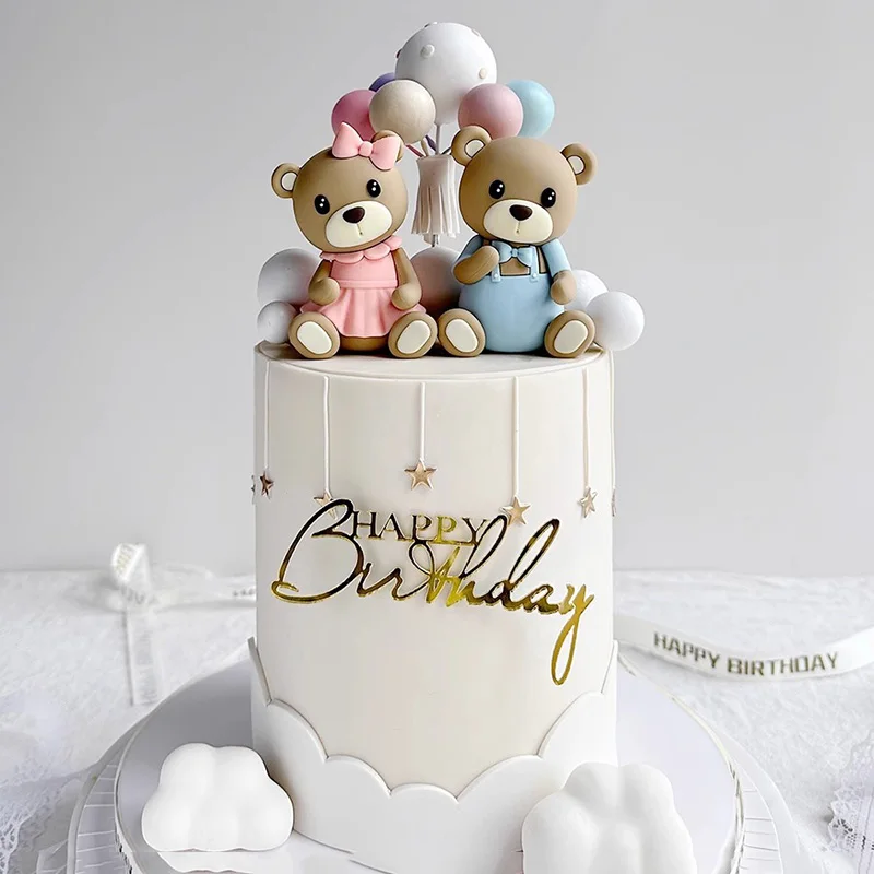 New 3D Bear Cake Topper Baby Shower Bear Decoration Boy Girl Happy 1st Birthday Party Cake Decor Gender Reveals Party Supplies