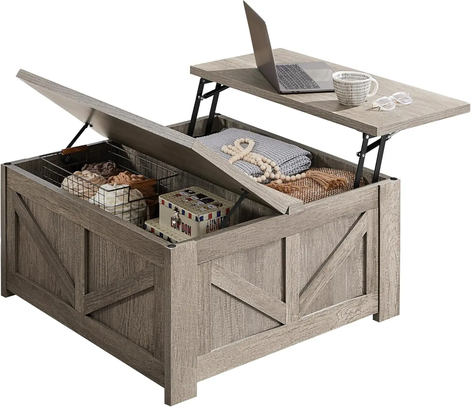 

31.5" Lift Top Coffee Table, Farmhouse Square with Hidden Storage, Wood Center Table for Living Room, Gray