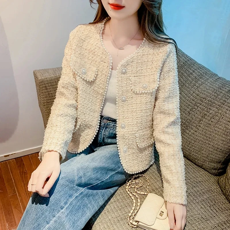 Spring Autumn Women\'s Woolen Coat Pink Small Fragrant Wind Coat Nailed Bead Short Jacket Tweed Coat Ladies Tops Female Outerwear