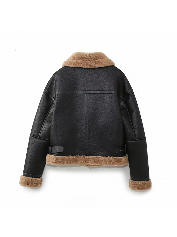 レディース新作秋物フリップカラーロングスリーブファー一体型フリース両面ショートジャケットコート