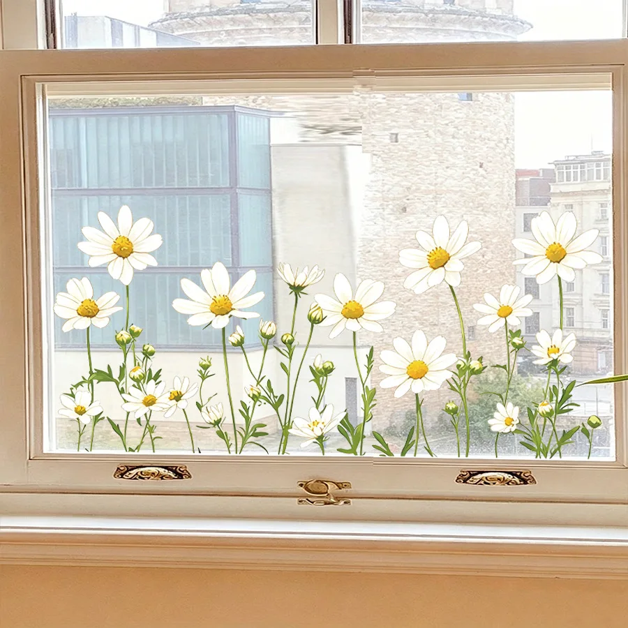 1Pc  White Daisy Electrostatic Window Sticker Wall Stickers for Home Shop Window Glass Door Decor Removable Decorative Decals