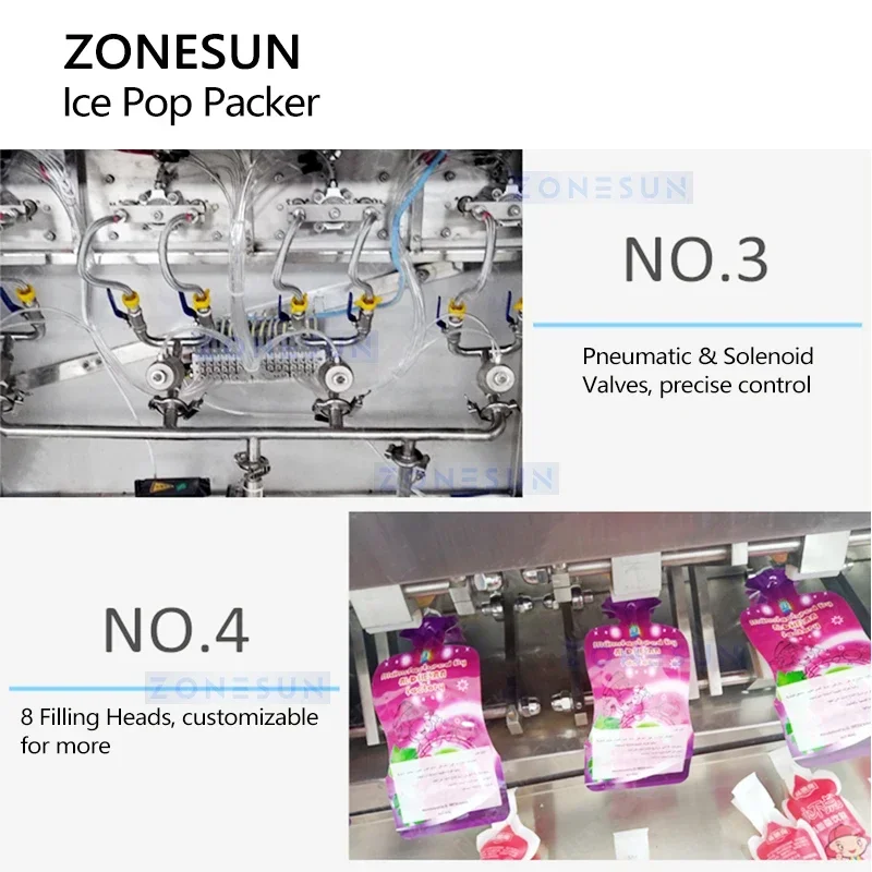 ZONESUN ZS-FS8 Premade Bags Filling and Sealing Machine Ice Pops Stick Packs Filler Ice Pop Packaging Machine