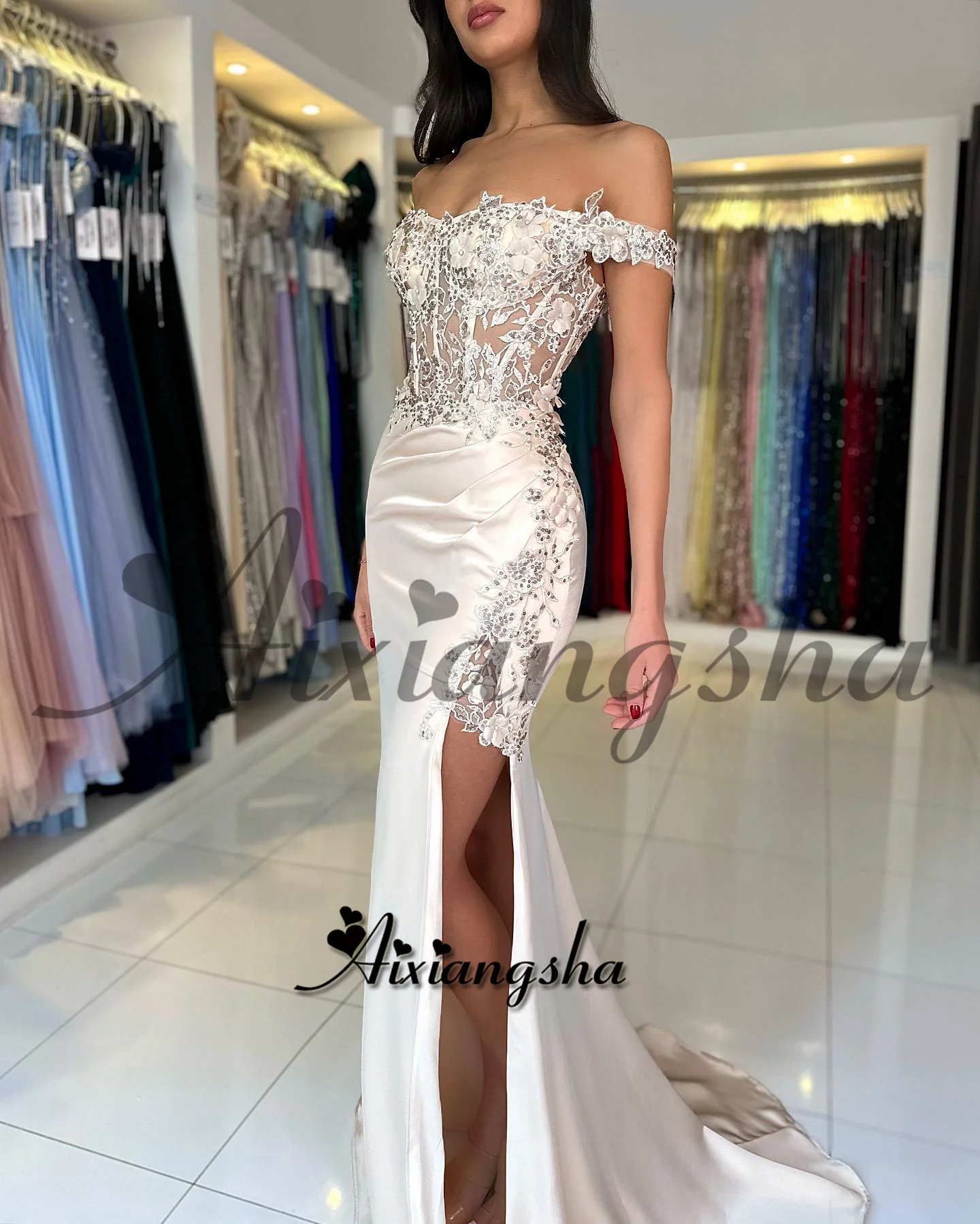 Aixiangsha خمر حورية البحر شق فساتين لحضور الحفلات الموسيقية للنساء هرع قبالة الكتف بلورات سويب تراين Vestidos De Gala مخصصة