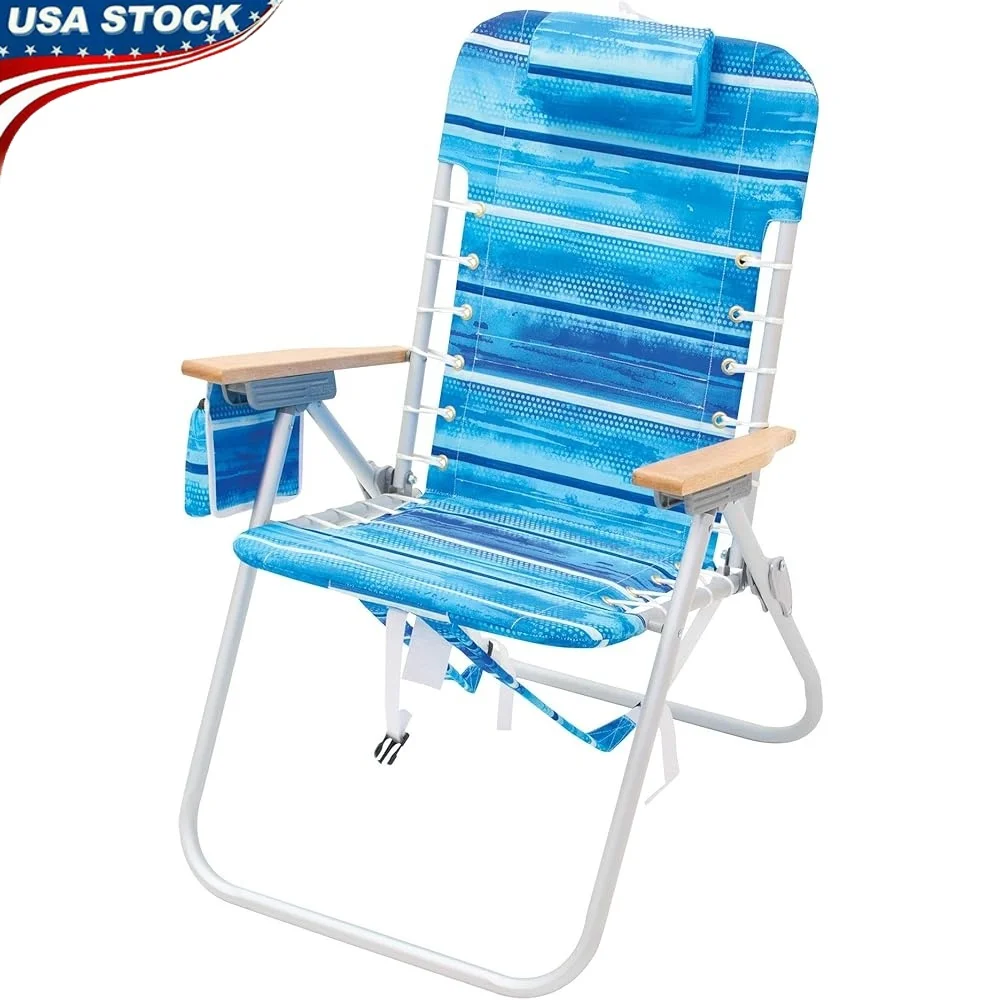 

4-Position Adjustable Backpack Beach Chair Portable Folding Chair Hands-Free Outdoor Recliner with Cup Holder Storage Pouch