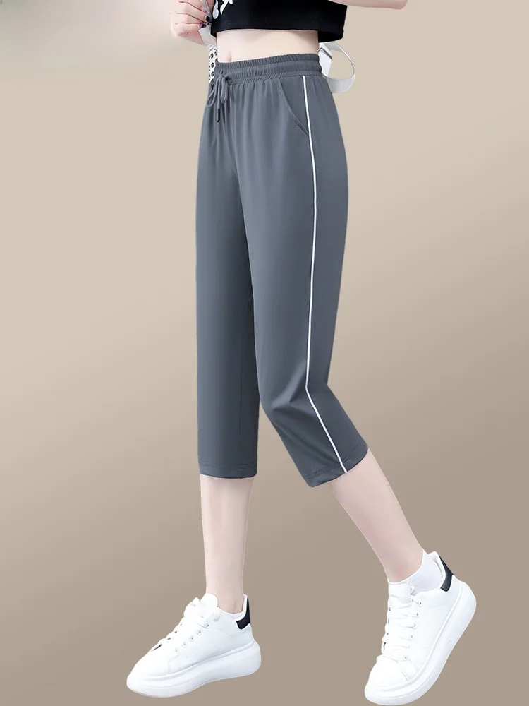 

TUCANO Summer Thin Ice Silk Qui Dry Sport Pants Casual Women's Seven-Foot Length Straight Leg Elastic Waist Loose Fit Trousers