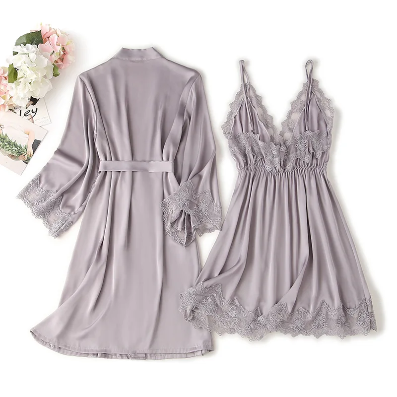 Lace Nightdress Women Robe Bride Bridesmaid Bathrobes Satin Pajamas Set Strap Dress 2 Piece Loose Kimono Sexy Sleepwear Homewear