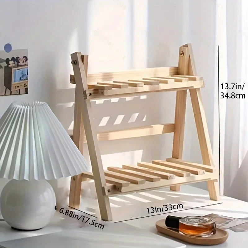 1pc 2 Tier Tabletop  Office Desktop Storage Organizer Wood Display Decorative Storage Rack Foldable Book Shelf