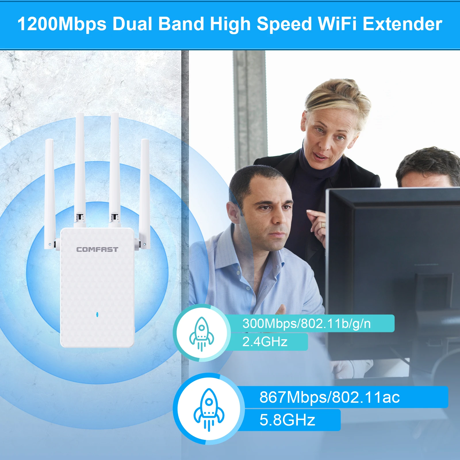 

COMFAST 300Mbps Wi-Fi Range Extender 2.4GHz Wi-Fi Signal Amplifier EU Plug Wifi Repetear 1*WPS/RESERT Button 2*3dBi Antennas