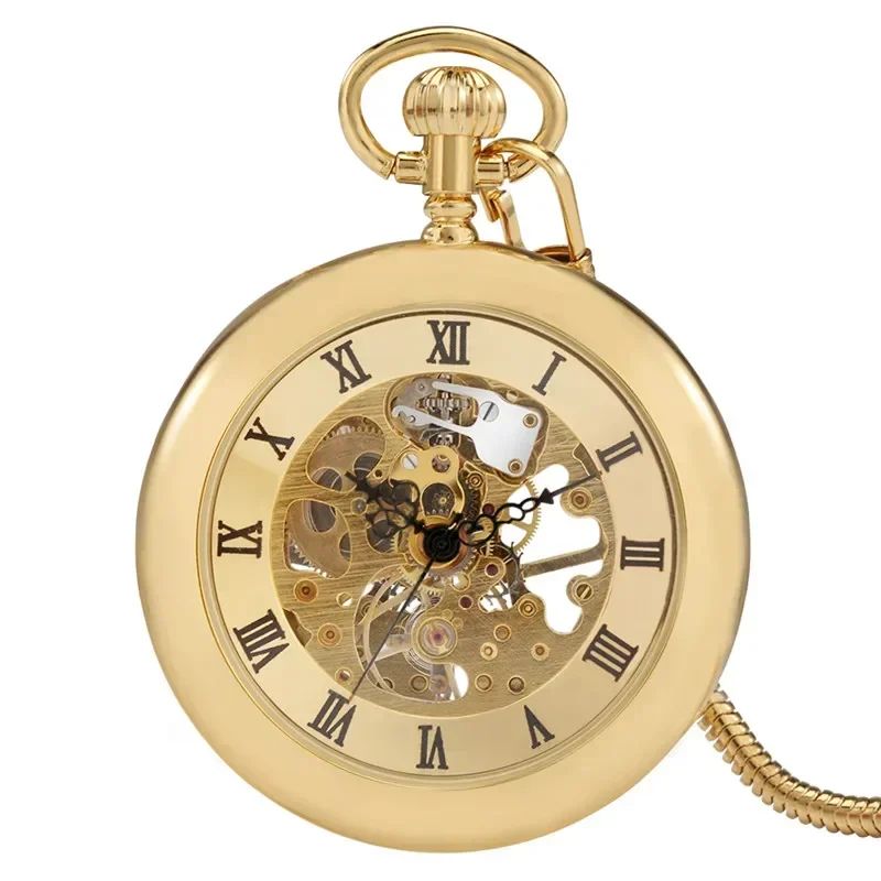 Luxury Yellow Golden Bronze Case Skeleton Display Men Women Handwind Mechanical Pocket Watch Open Face Roman Numeral FOB Chain