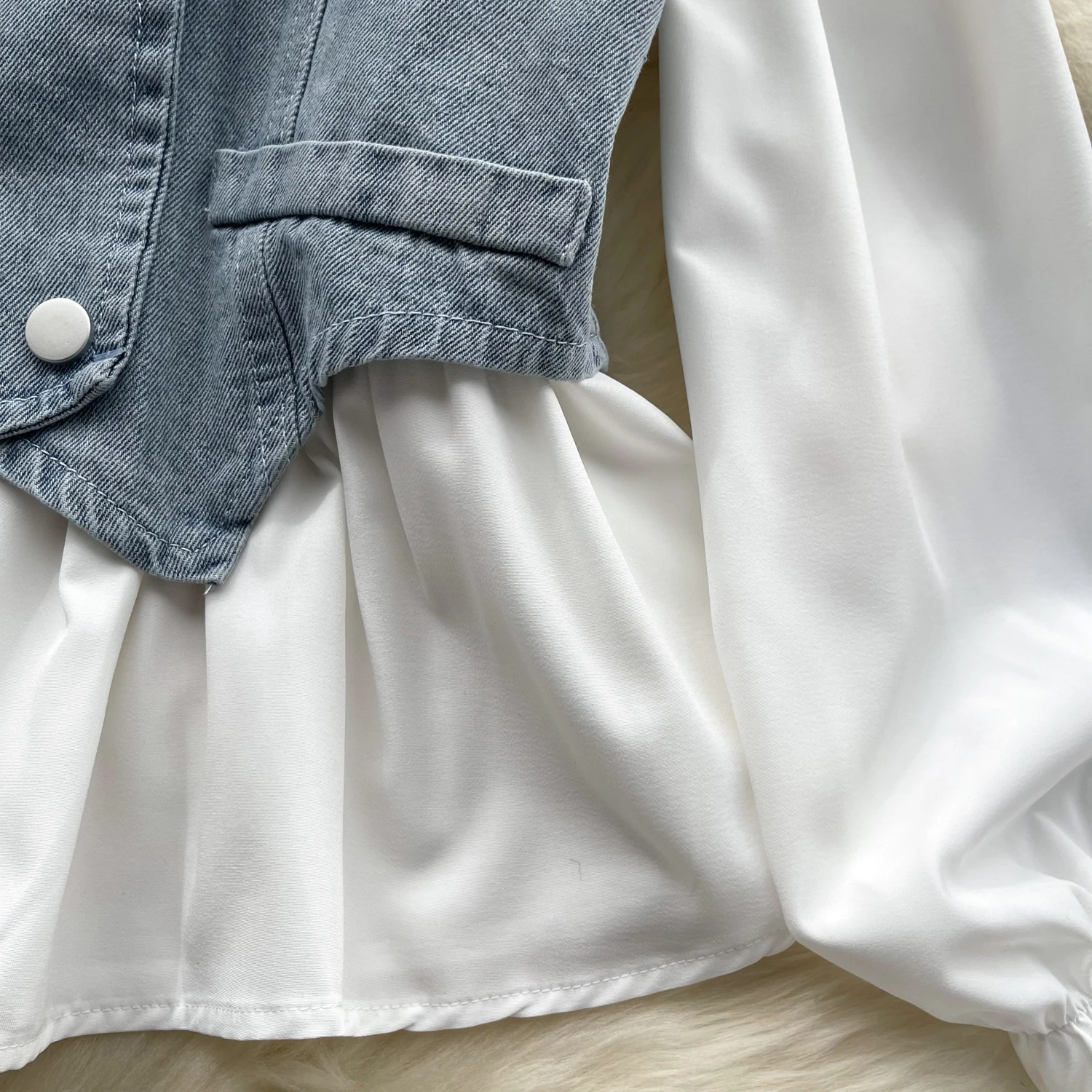 Autumn New Sweet Casual Long Sleeved Shirt+Beaded Diamond Vest Layered Denim Vest White Single Breasted Blouse