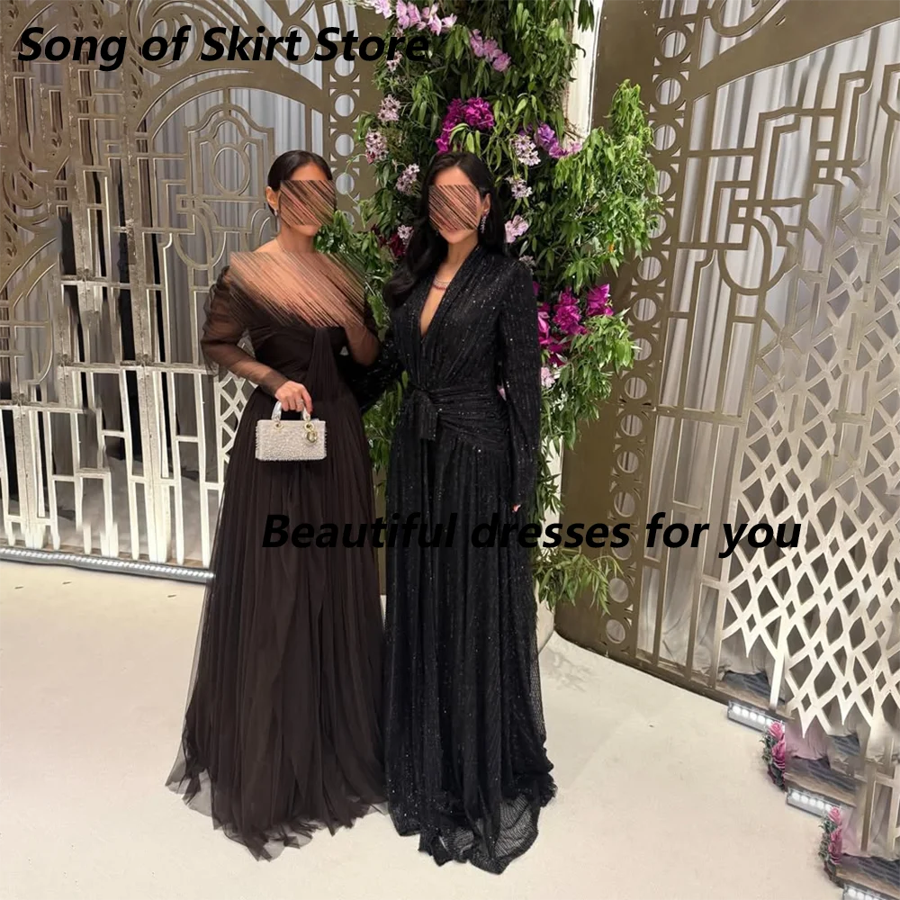 Luxury Beading Sequins Evening Dress Customized V-Neck Long Sleeves Pleat A Line Floor Length Black Formal Party Dresses image 6