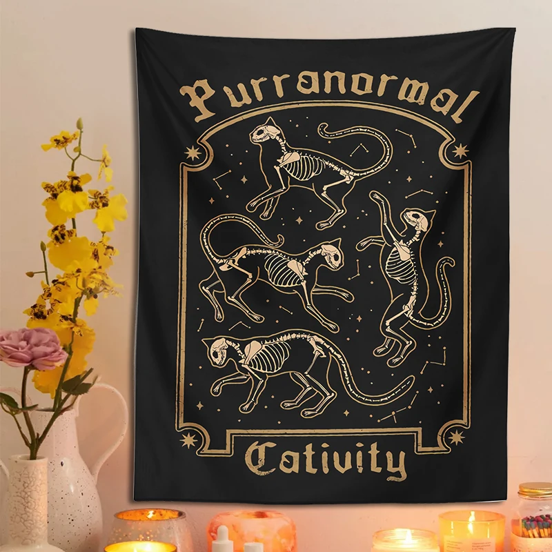 Tarot Witchcraft Cat Tapestry WallHanging Cativity Mysterious Cat Skull Tarot Divination Baphomet Occult Home Black Cool Decor